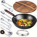 Cast Iron Wok 11pcs Cast Iron Wok, 12.6 Inch Chinese Wok Pan - Flat Bottom Carbon Steel Wok for Induction, Electric, Gas, Halogen, All Stoves, with Kitchen Utensils and Accessories
