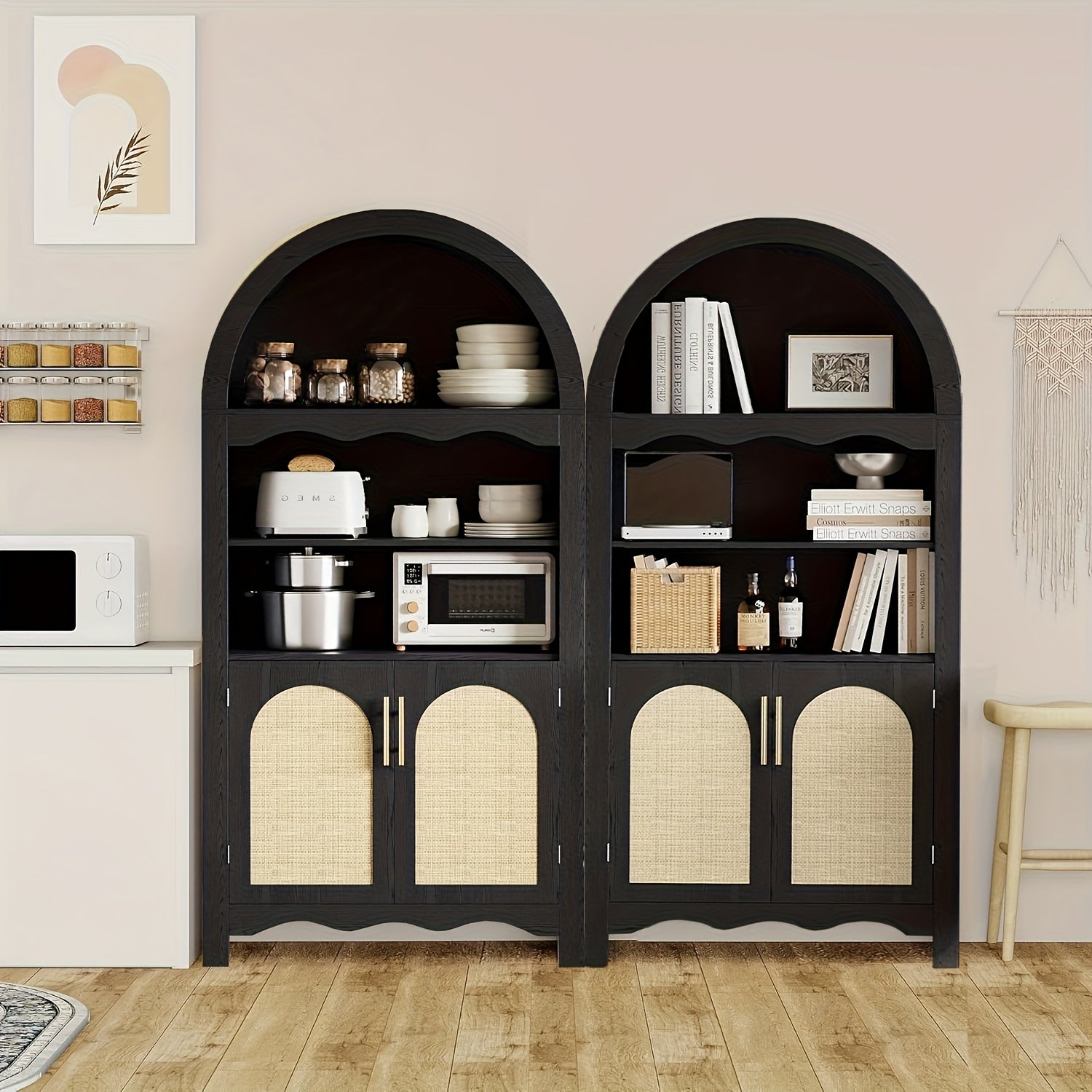 Set of Two 63-Inch Arched Kitchen Pantry Cabinets Featuring Rattan Doors And Adjustable Shelves, Ideal for Versatile Storage in The Kitchen, Dining Room, Living Room, Or Entryway, Available in Black