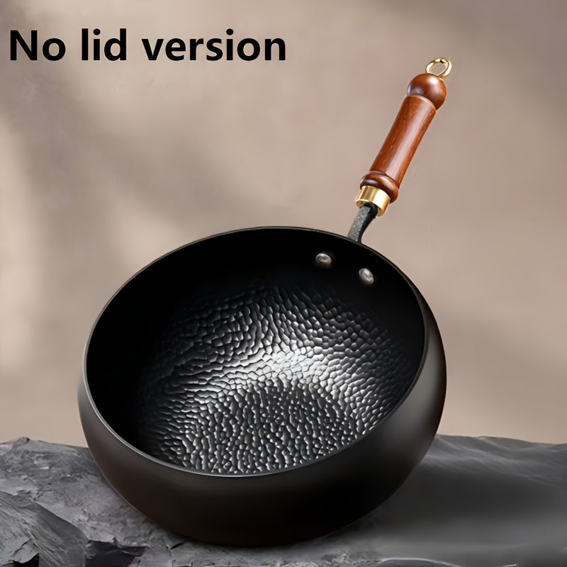 Hand-Hammered Cast Iron Wok - Non-Stick Deep Belly Design, Forged Without Coating, Induction & Gas Stove Compatible, Multi-Functional Pan for Home, Commercial & Outdoor Camping Use
