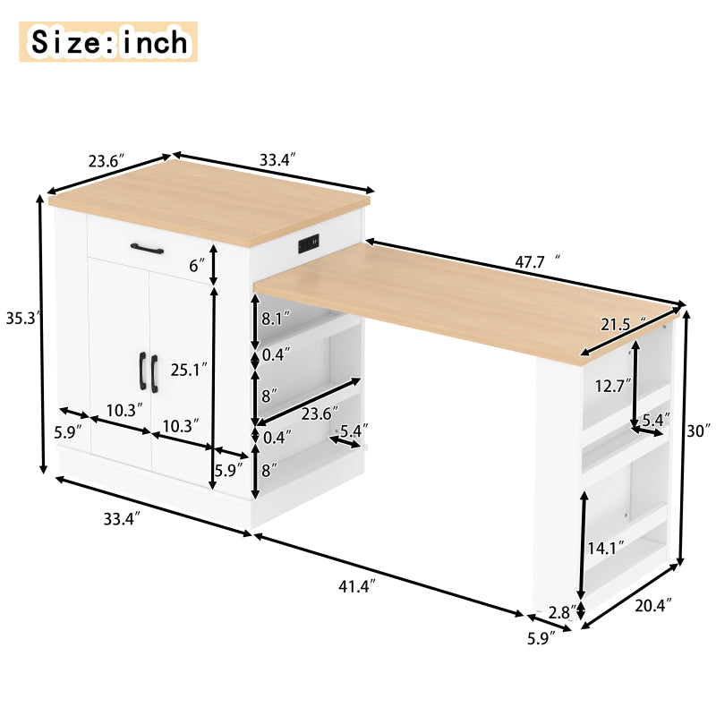 White Modern Extendable Island with Double-Door Cabinet, Open Shelving & Drawers - Multi-Functional Breakfast Bar\u002FDining Table\u002FLounge, Expandable MDF & Particle Board Furniture for small Spaces (Assembly Required) 80.7\