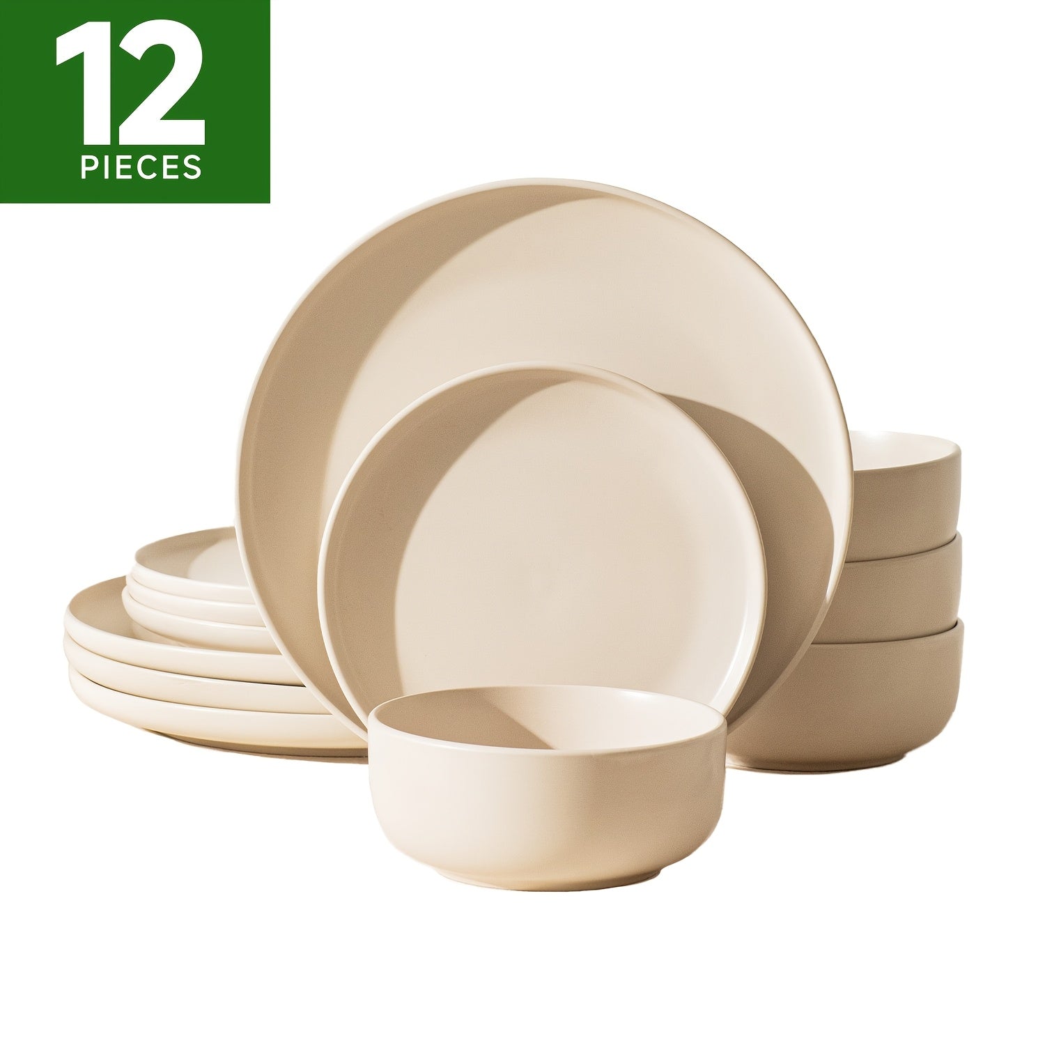 12pcs Matte Cream White Stoneware Reactive Glaze | Scratch Resistant Ceramic Plates and Bowls, Stylish Straight Shape Dinnerware Set for 4, KINGSTONE