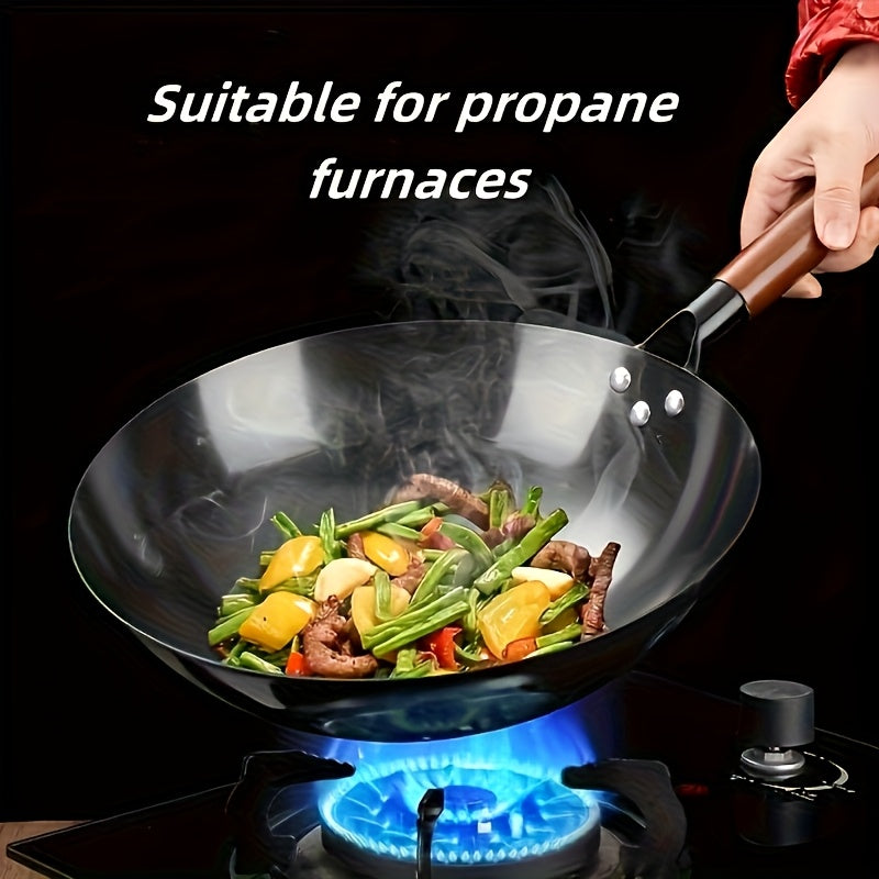 13.39inch Round Bottom Household Non-Coated Pure Iron Earless Wok - Wooden Handle Frying Pan for Stir-Fry, Fried Foods and Cooking - Essential Kitchen Tool