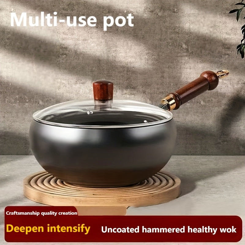 Hand-Hammered Cast Iron Wok - Non-Stick Deep Belly Design, Forged Without Coating, Induction & Gas Stove Compatible, Multi-Functional Pan for Home, Commercial & Outdoor Camping Use