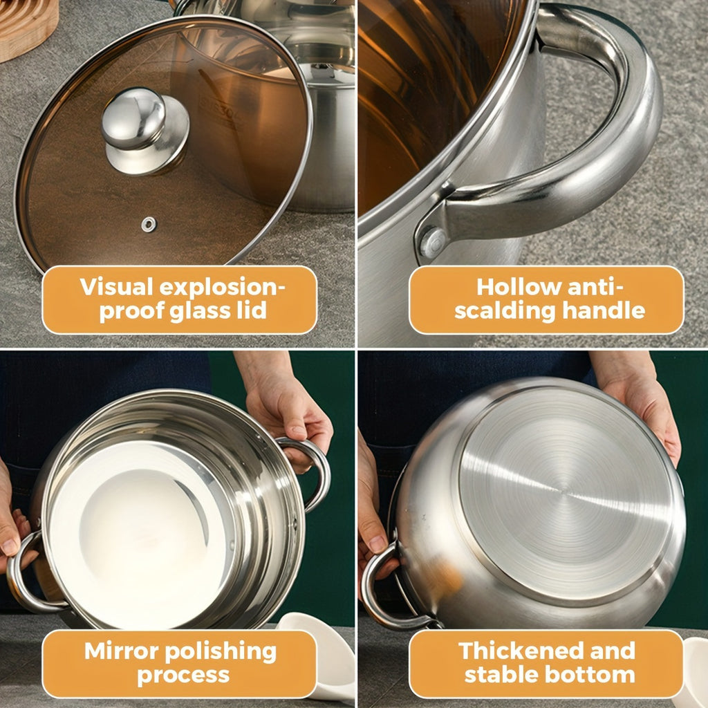 Multi-functional Stainless Steel New Style Soup Pot, Constructed from 410 Stainless Steel with Double-ear Design. Equipped with Scald- Handles and a Thickened Bottom to Ensure Fast Heat Conduction. An Excellent Choice Suitable for Everyday H