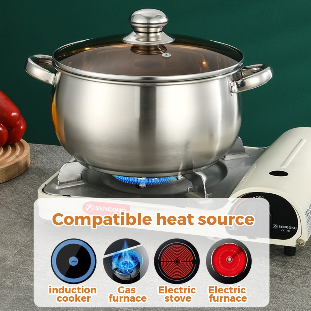 Multi-functional Stainless Steel New Style Soup Pot, Constructed from 410 Stainless Steel with Double-ear Design. Equipped with Scald- Handles and a Thickened Bottom to Ensure Fast Heat Conduction. An Excellent Choice Suitable for Everyday H