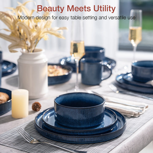 12pcs Stoneware Dinnerware Sets, Round Plates And Bowls Set for 4, Ribbed, Dishwasher And Microwave-safe, Nebulas Blue, Best for Christmas, Perfect for Thanksgiving, Perfect for Easter, Perfect for Halloween, Kitchen Accessories