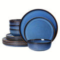 ALOFMO 12pcs Elegant Navy Blue & Golden Accent Dinnerware Set - Stoneware Ceramic Plates, Salad Plates & Bowls, Scratch-Resistant & Anti-Slip, Microwave & Dishwasher Safe, Elegant Deep Blue Glaze, Ideal for Everyday & Formal Dining