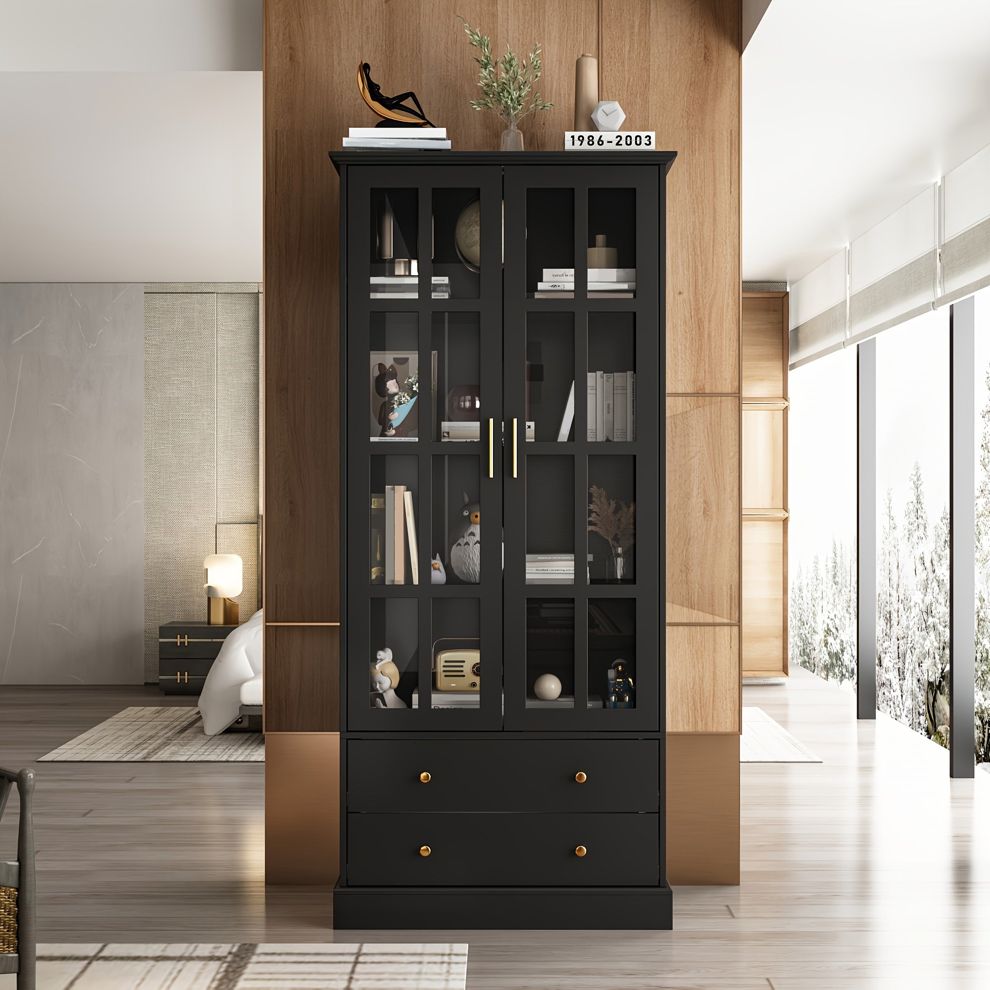 Modern Glass Display Cabinet Modern 4-Tier Glass Display Cabinet with 2 Spacious Drawers & 4 Shelves - Tempered Glass Doors, Household Organizer Artifact for Living Room Home Office, Sideboard Buffet Cabinet, Classic Style