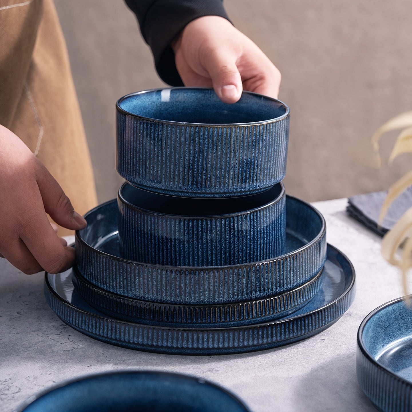 12pcs Stoneware Dinnerware Sets, Round Plates And Bowls Set for 4, Ribbed, Dishwasher And Microwave-safe, Nebulas Blue, Best for Christmas, Perfect for Thanksgiving, Perfect for Easter, Perfect for Halloween, Kitchen Accessories