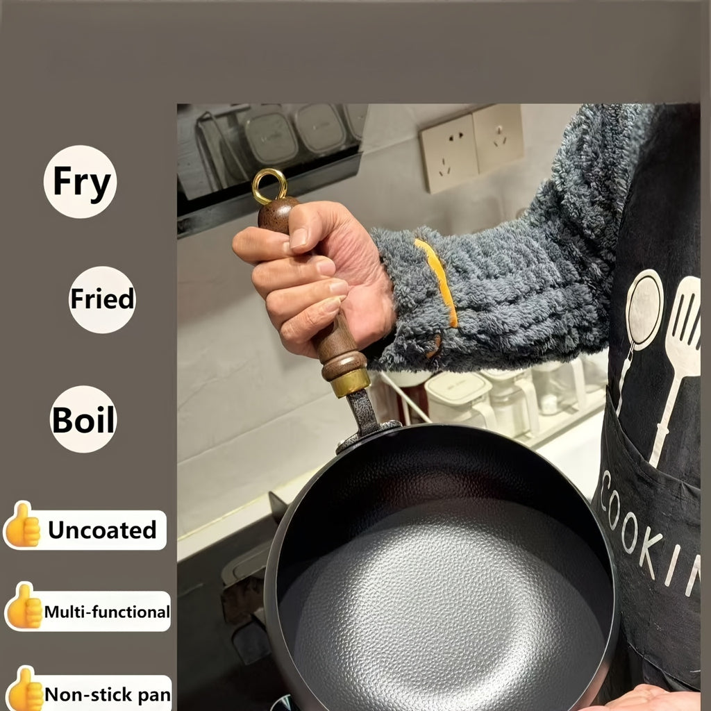Hand-Hammered Cast Iron Wok - Non-Stick Deep Belly Design, Forged Without Coating, Induction & Gas Stove Compatible, Multi-Functional Pan for Home, Commercial & Outdoor Camping Use