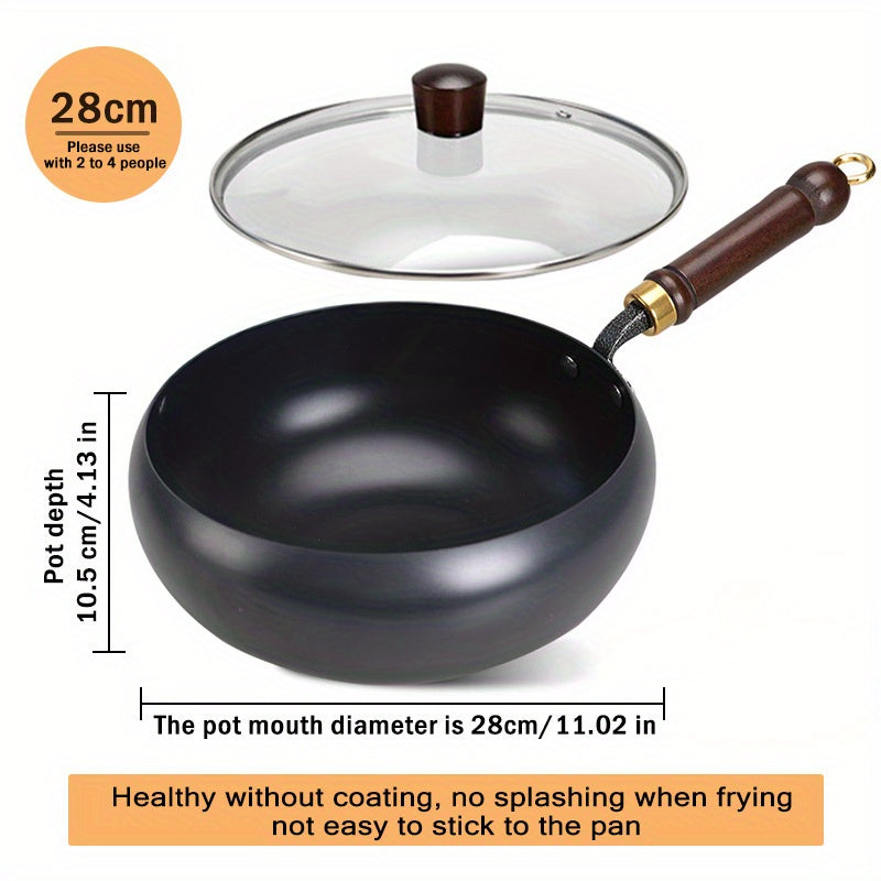 11-inch Multi-functional Large Capacity Uncoated Cooking Pan with Glass Lid, Non-stick, Suitable for Any Stovetop