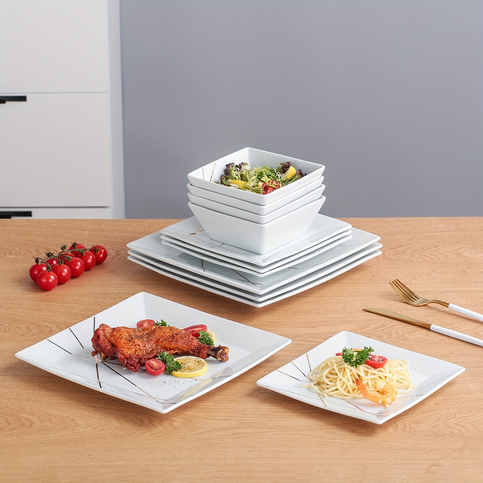 Solid-color Ceramic Tableware Set Of 12pcs, Luxurious Style Golden Line Dinner Plates, 10-inch And 7.6-inch Pasta Plates, Dessert Plates, Salad Plates, Bowls, Soup Bowls, Set Of Tableware, Suitable for Home And Restaurant Use, Christmas Gift