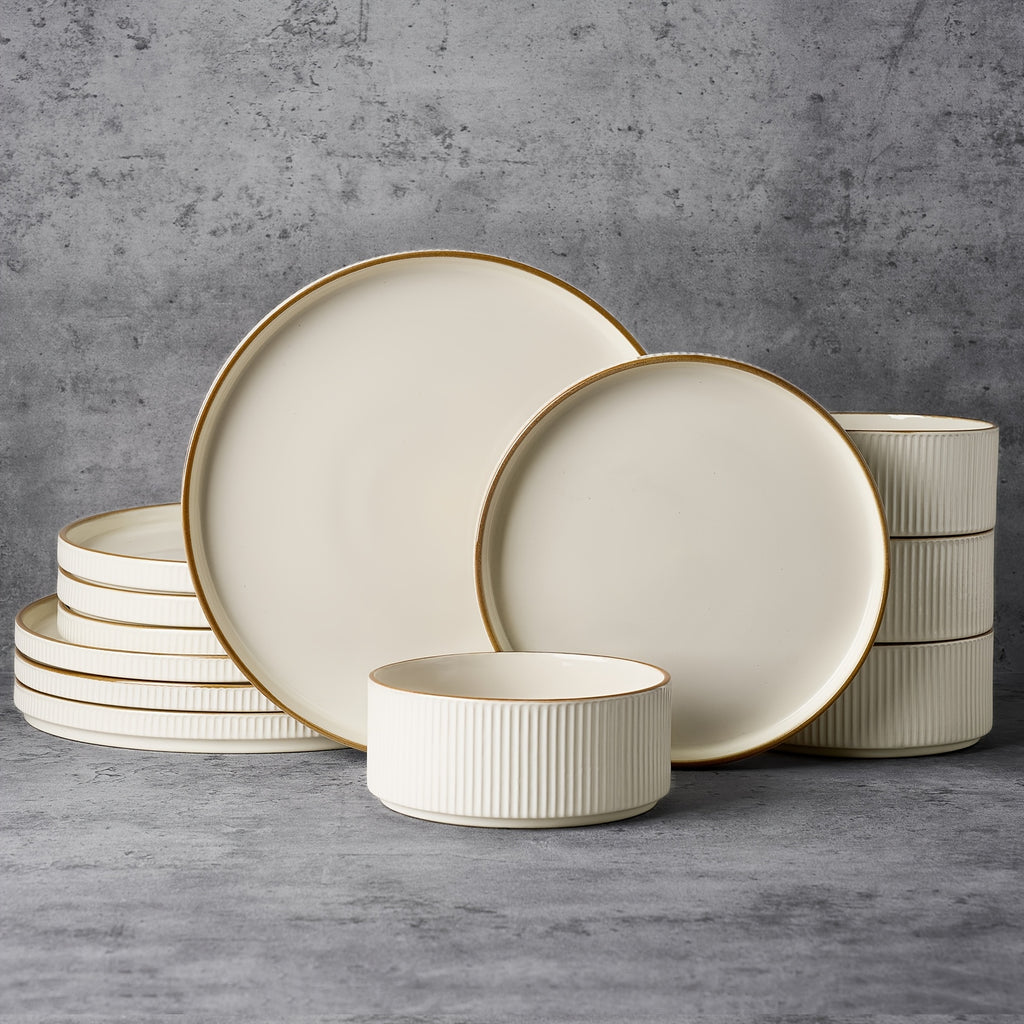 Dinnerware Sets, Plates And Bowls Set for 4, 12pcs Dish Set, Ribbed, Cappuccino White