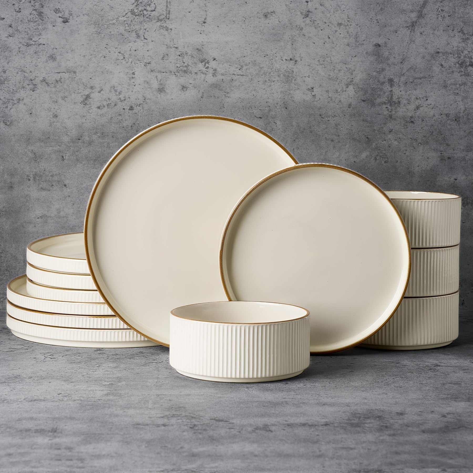 Dinnerware Sets, Plates And Bowls Set for 4, 12pcs Dish Set, Ribbed, Cappuccino White