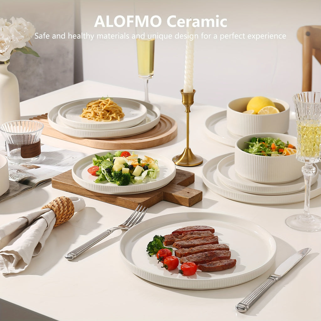 ALOFMO Ceramic Dinnerware Sets For 4, 12pcs Stoneware Plates And Bowls Sets, Reactive Glaze Dish Set, Chip And Scratch Resistant Double, Microwave And Dishwasher Safe, White