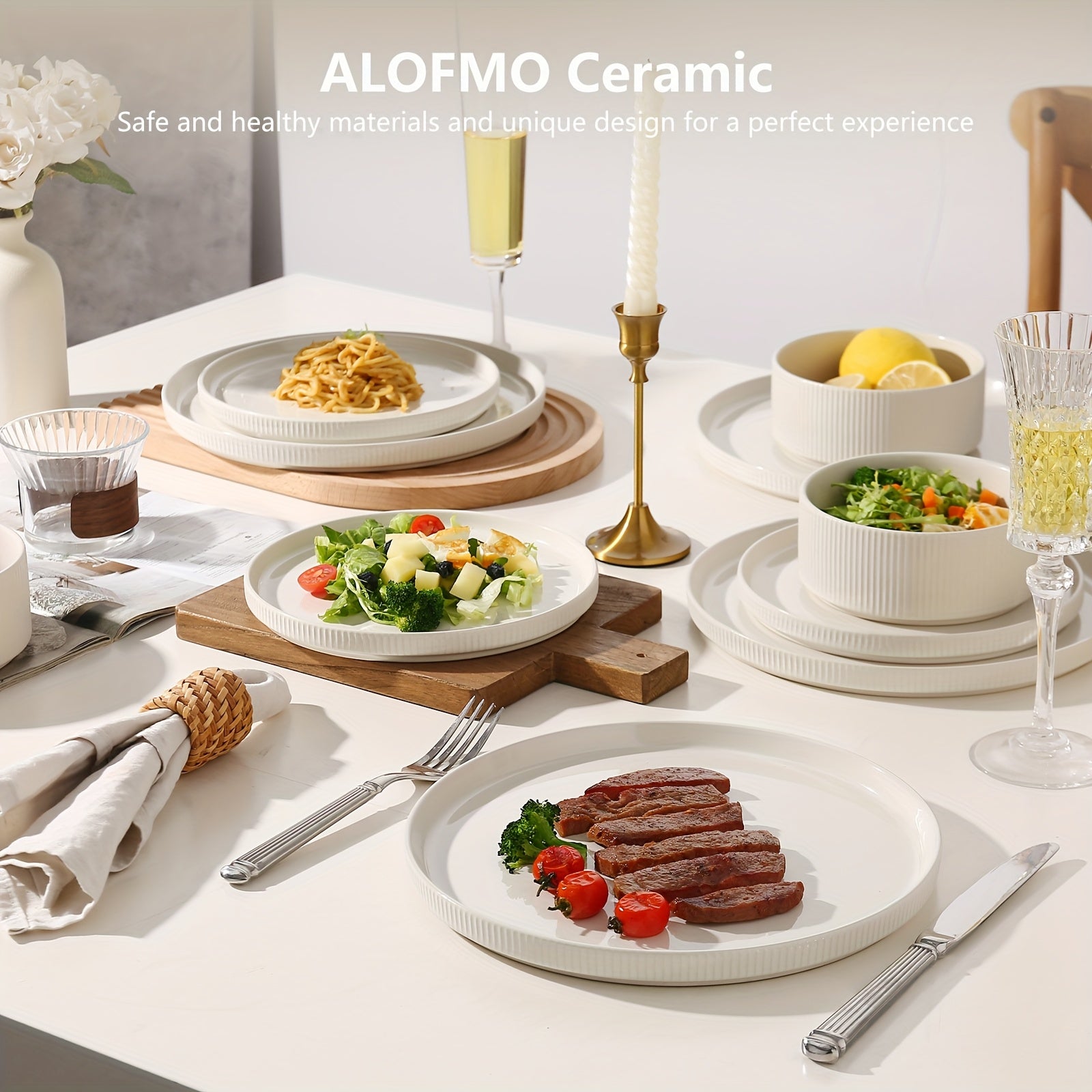 ALOFMO Ceramic Dinnerware Sets For 4, 12pcs Stoneware Plates And Bowls Sets, Reactive Glaze Dish Set, Chip And Scratch Resistant Double, Microwave And Dishwasher Safe, White