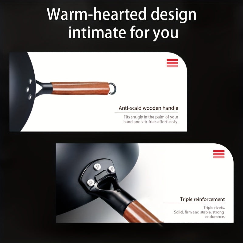 13.39inch Round Bottom Household Non-Coated Pure Iron Earless Wok - Wooden Handle Frying Pan for Stir-Fry, Fried Foods and Cooking - Essential Kitchen Tool