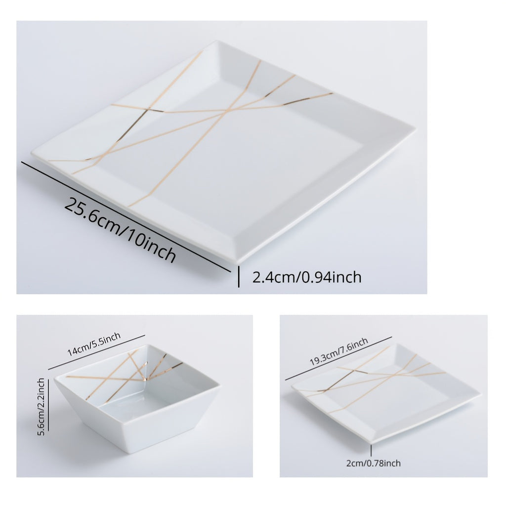 Solid-color Ceramic Tableware Set Of 12pcs, Luxurious Style Golden Line Dinner Plates, 10-inch And 7.6-inch Pasta Plates, Dessert Plates, Salad Plates, Bowls, Soup Bowls, Set Of Tableware, Suitable for Home And Restaurant Use, Christmas Gift