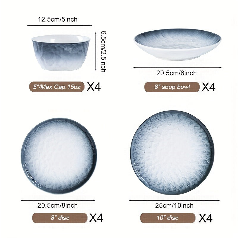 16 High-quality Gradient Blue Ceramic Plates, Bowls And Dishes, Ceramic Tableware, Suitable for 4 People Kitchen Tableware Set, Dishwasher And Microwave Safe, Suitable for Family Gatherings Kitchen Tableware Set, Wedding, Party, Christmas Tableware