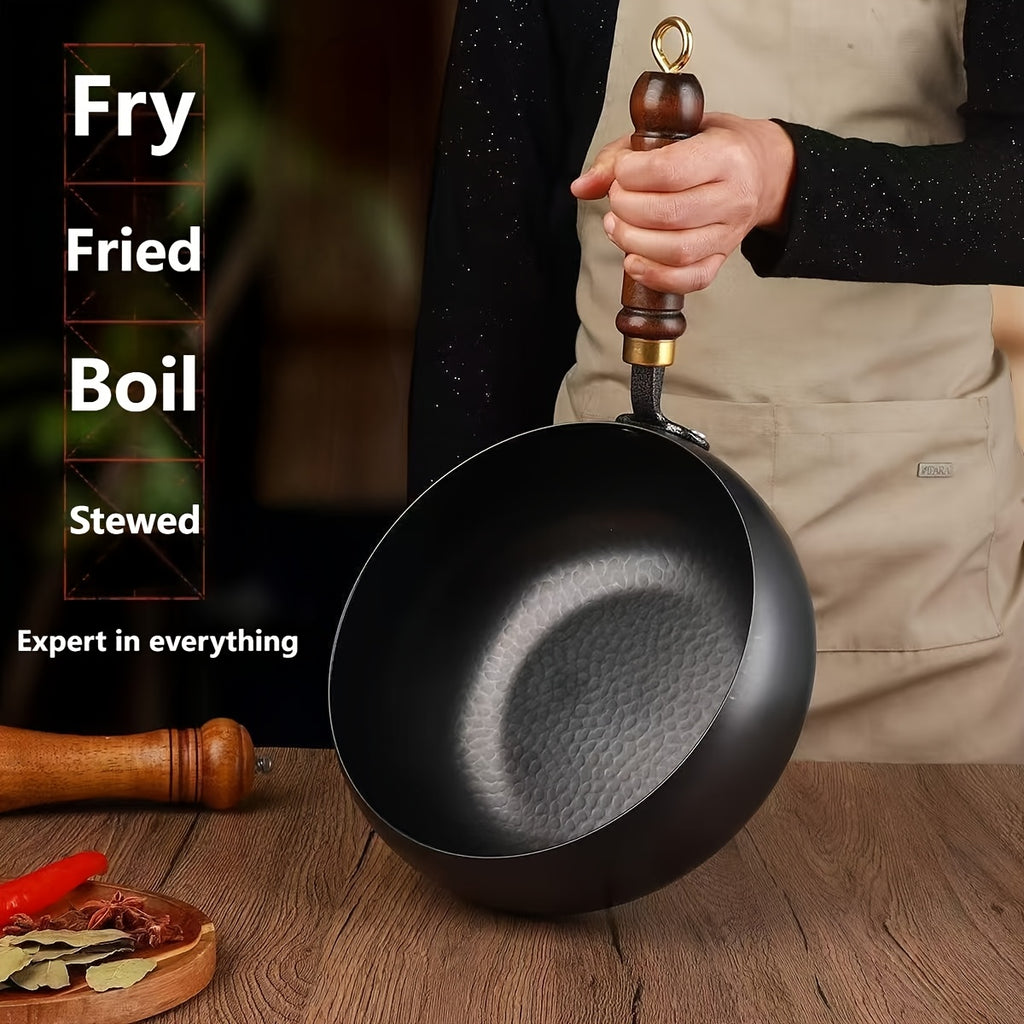 Hand-Hammered Cast Iron Wok - Non-Stick Deep Belly Design, Forged Without Coating, Induction & Gas Stove Compatible, Multi-Functional Pan for Home, Commercial & Outdoor Camping Use