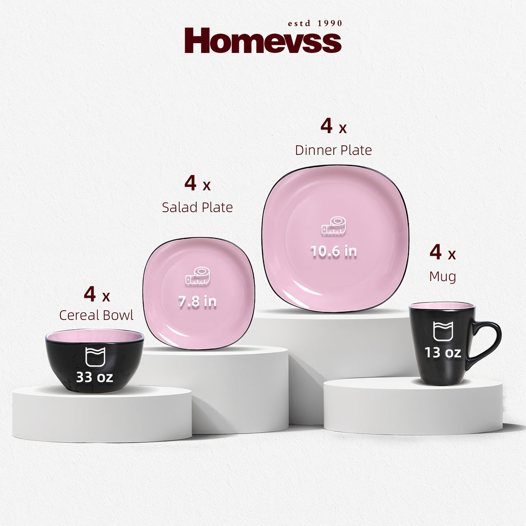 16pcs Square Ceramic Dinnerware Set | 4-Person Dinner Set with Dual-Tone Glaze, Dishwasher & Microwave Safe, Modern Square Plates & Bowls for Everyday Use