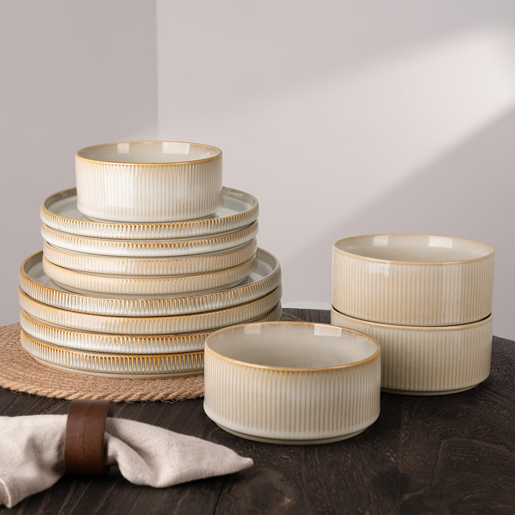 Dinnerware Sets, Plates And Bowls Set for 4, 12pcs Dish Set, Ribbed, Cappuccino White