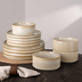 Dinnerware Sets, Plates And Bowls Set for 4, 12pcs Dish Set, Ribbed, Cappuccino White