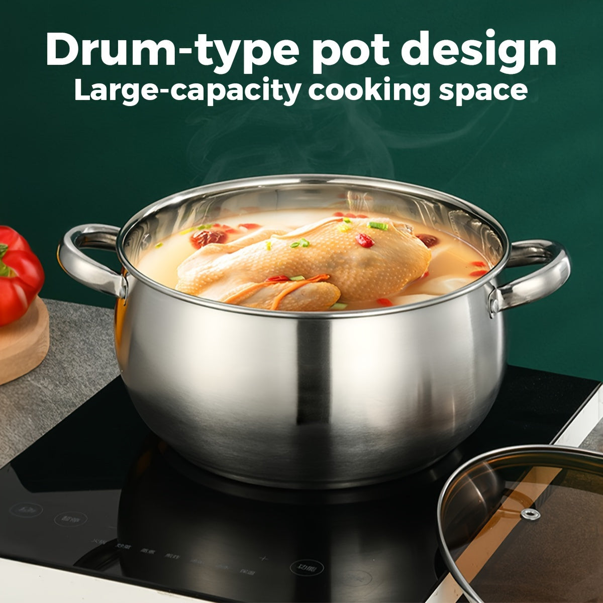 Multi-functional Stainless Steel New Style Soup Pot, Constructed from 410 Stainless Steel with Double-ear Design. Equipped with Scald- Handles and a Thickened Bottom to Ensure Fast Heat Conduction. An Excellent Choice Suitable for Everyday H