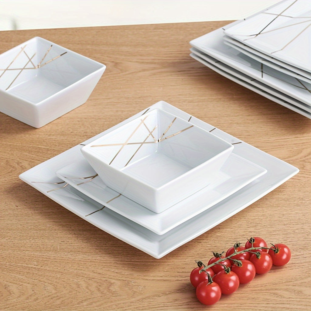 Solid-color Ceramic Tableware Set Of 12pcs, Luxurious Style Golden Line Dinner Plates, 10-inch And 7.6-inch Pasta Plates, Dessert Plates, Salad Plates, Bowls, Soup Bowls, Set Of Tableware, Suitable for Home And Restaurant Use, Christmas Gift