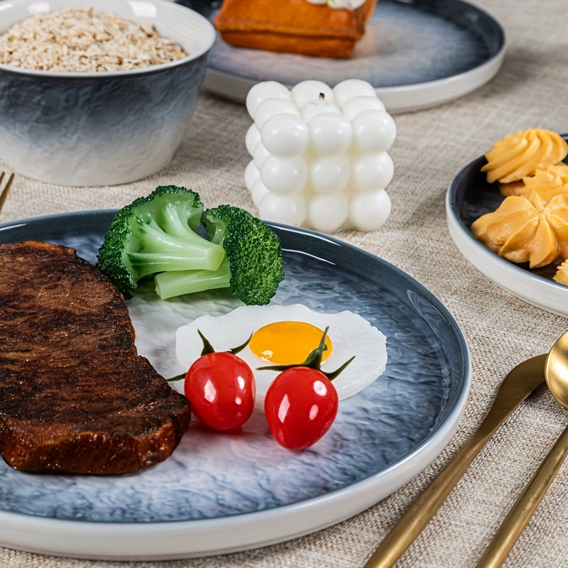 16 High-quality Gradient Blue Ceramic Plates, Bowls And Dishes, Ceramic Tableware, Suitable for 4 People Kitchen Tableware Set, Dishwasher And Microwave Safe, Suitable for Family Gatherings Kitchen Tableware Set, Wedding, Party, Christmas Tableware