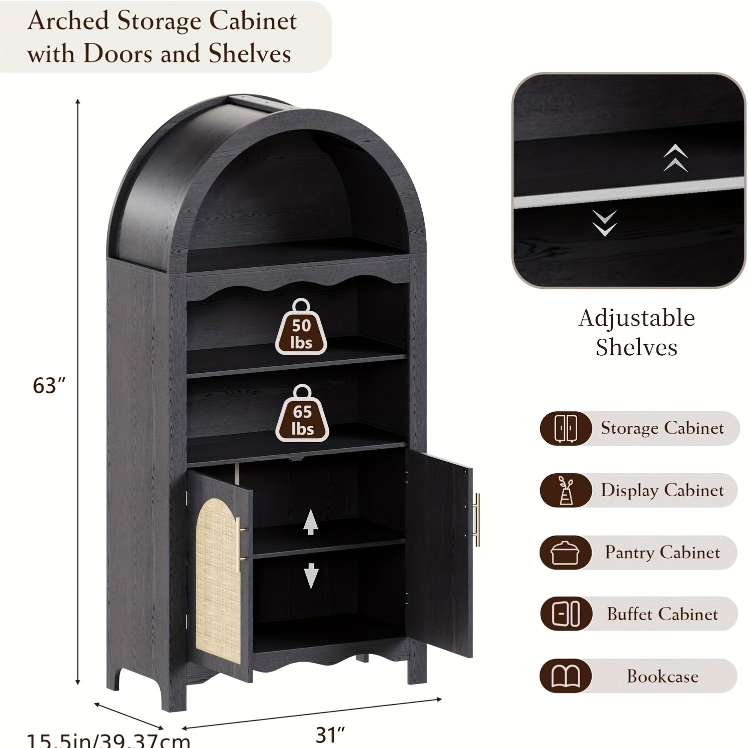 Set of Two 63-Inch Arched Kitchen Pantry Cabinets Featuring Rattan Doors And Adjustable Shelves, Ideal for Versatile Storage in The Kitchen, Dining Room, Living Room, Or Entryway, Available in Black