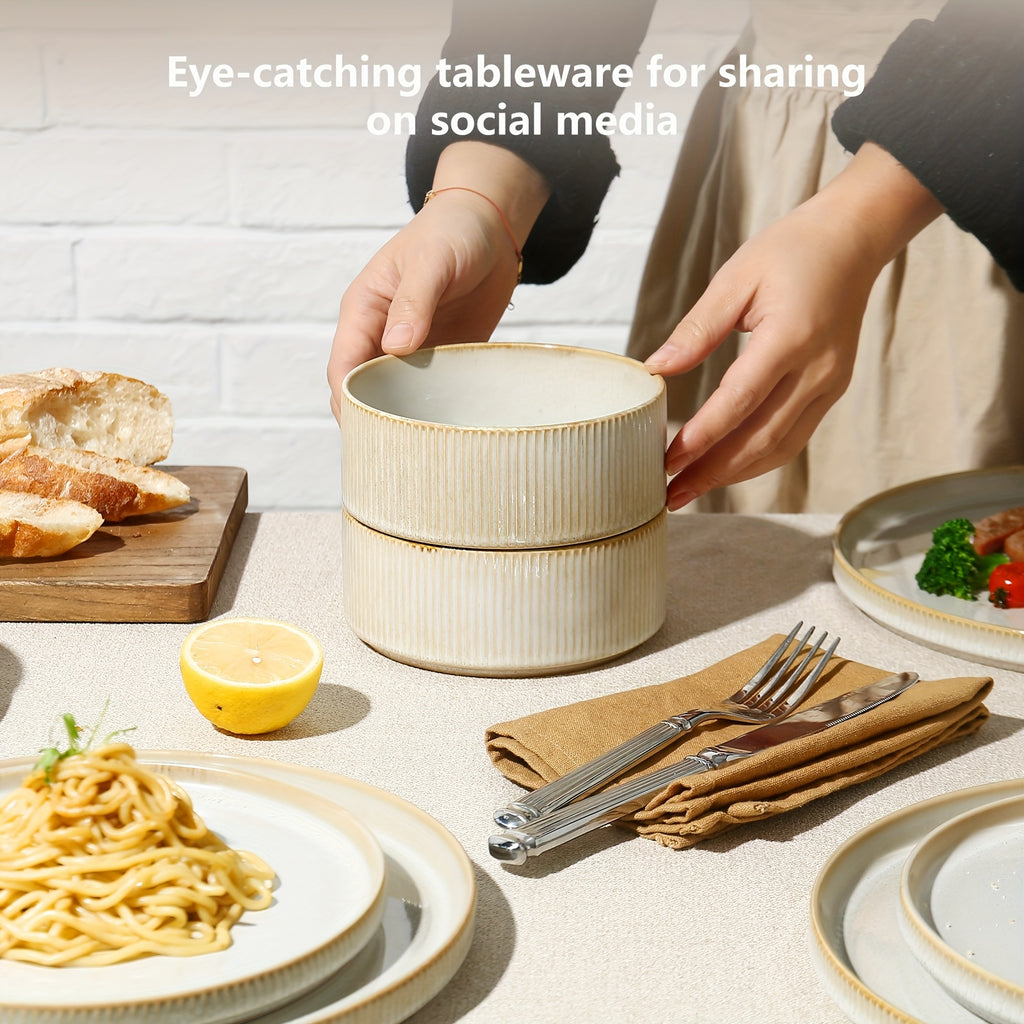 12pcs Striped Cream Beige Ceramic Dinnerware Set, Plate Spaghetti Bowl Soup Bowl Reaction Glaze Dinnerware Set, Modern High-end Ceramic Stoneware, Dishwasher And Microwave Can Be Used, Suitable for Gifts, Parties, Weddings, Family Dinners