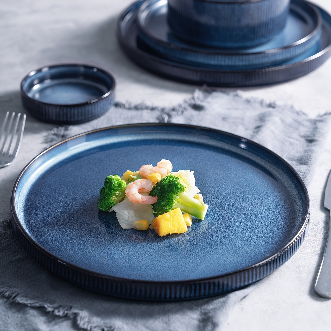 12pcs Stoneware Dinnerware Sets, Round Plates And Bowls Set for 4, Ribbed, Dishwasher And Microwave-safe, Nebulas Blue, Best for Christmas, Perfect for Thanksgiving, Perfect for Easter, Perfect for Halloween, Kitchen Accessories