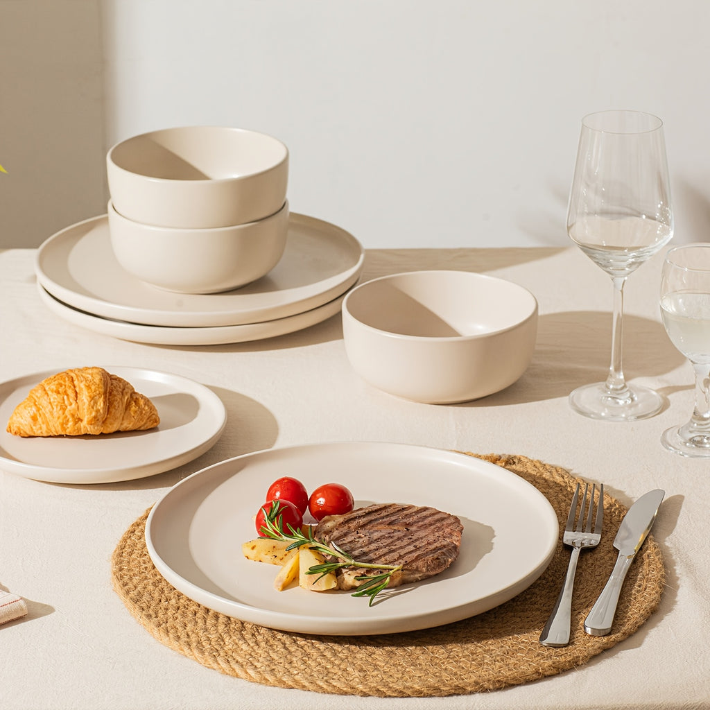 12pcs Matte Cream White Stoneware Reactive Glaze | Scratch Resistant Ceramic Plates and Bowls, Stylish Straight Shape Dinnerware Set for 4, KINGSTONE