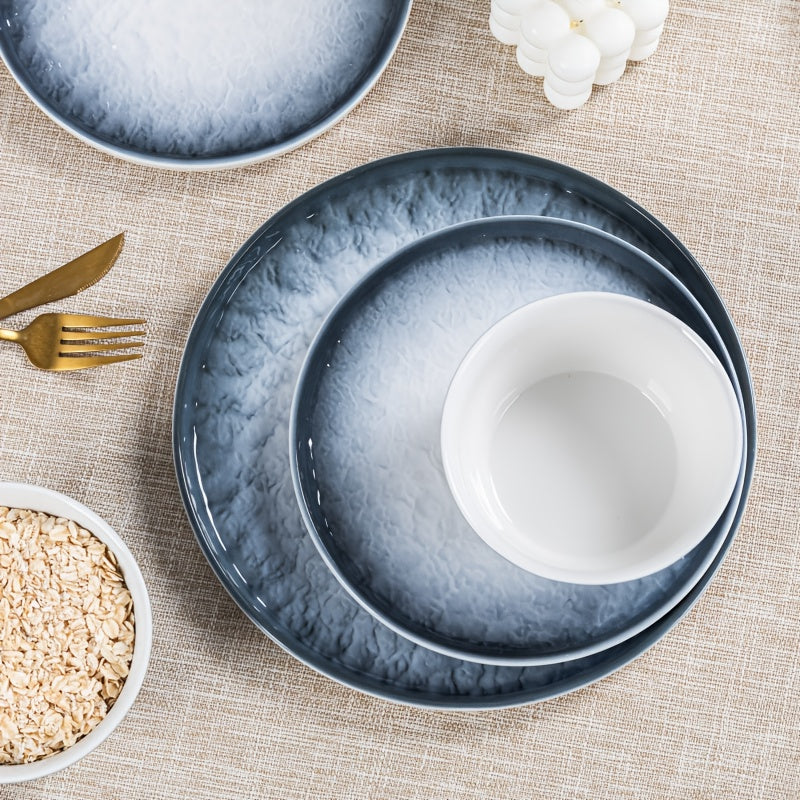 16 High-quality Gradient Blue Ceramic Plates, Bowls And Dishes, Ceramic Tableware, Suitable for 4 People Kitchen Tableware Set, Dishwasher And Microwave Safe, Suitable for Family Gatherings Kitchen Tableware Set, Wedding, Party, Christmas Tableware