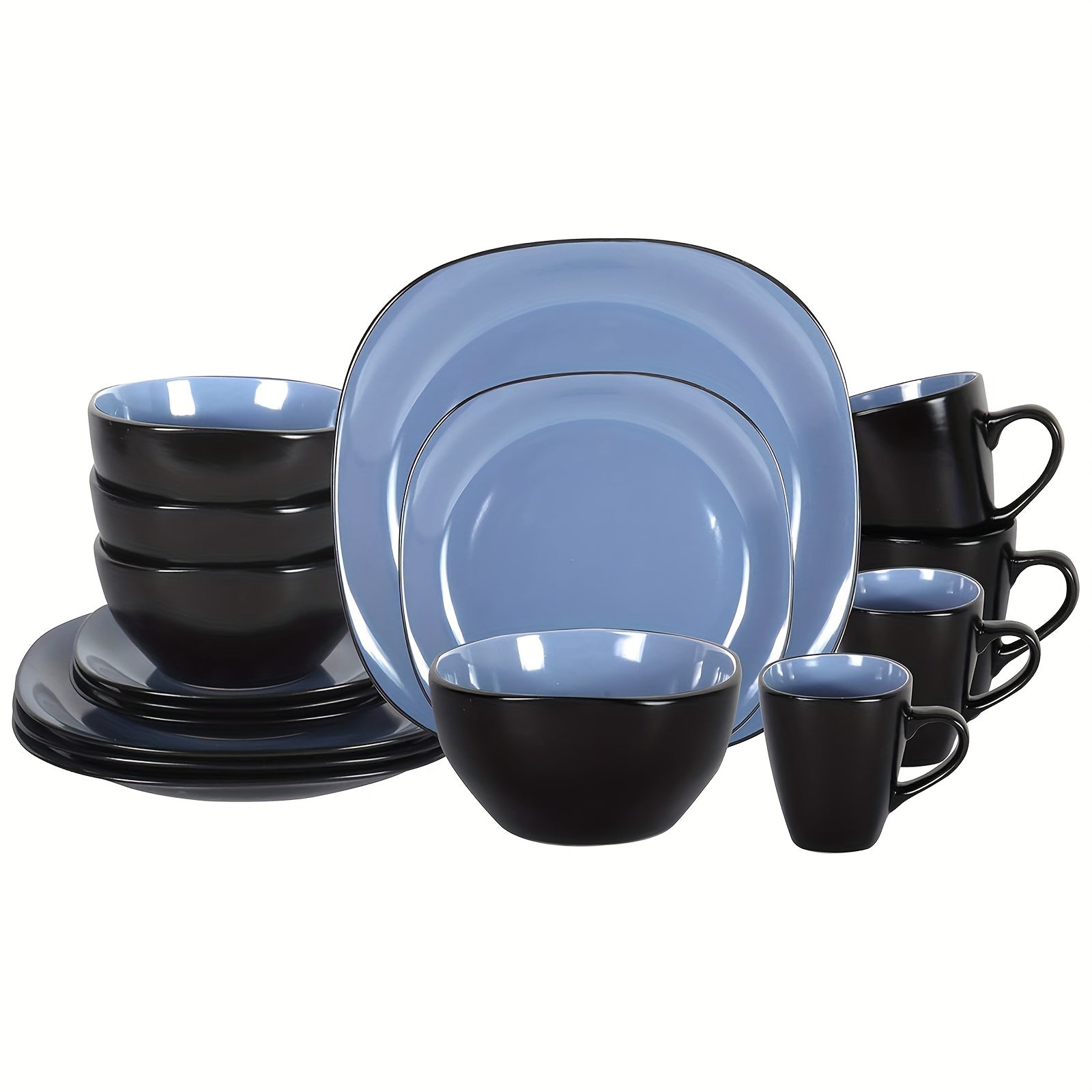 16pcs Square Ceramic Dinnerware Set | 4-Person Dinner Set with Dual-Tone Glaze, Dishwasher & Microwave Safe, Modern Square Plates & Bowls for Everyday Use
