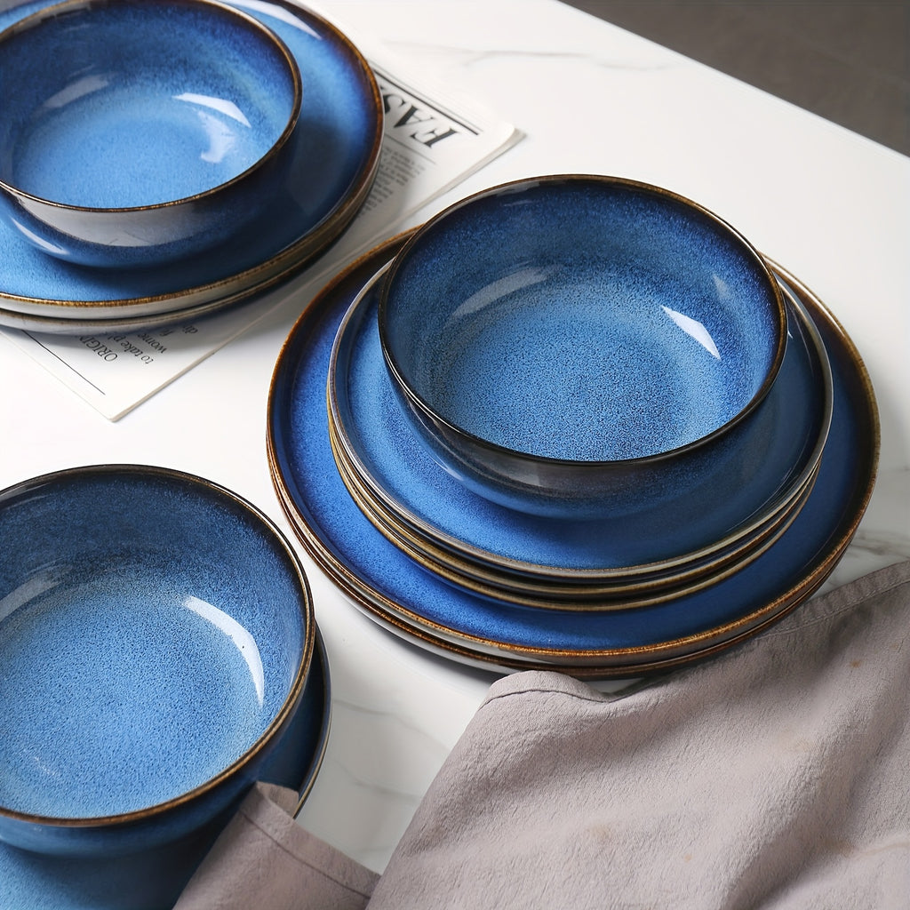 ALOFMO 12pcs Elegant Navy Blue & Golden Accent Dinnerware Set - Stoneware Ceramic Plates, Salad Plates & Bowls, Scratch-Resistant & Anti-Slip, Microwave & Dishwasher Safe, Elegant Deep Blue Glaze, Ideal for Everyday & Formal Dining