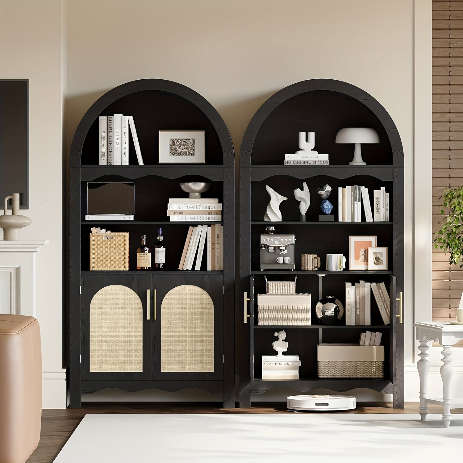 Set of Two 63-Inch Arched Kitchen Pantry Cabinets Featuring Rattan Doors And Adjustable Shelves, Ideal for Versatile Storage in The Kitchen, Dining Room, Living Room, Or Entryway, Available in Black