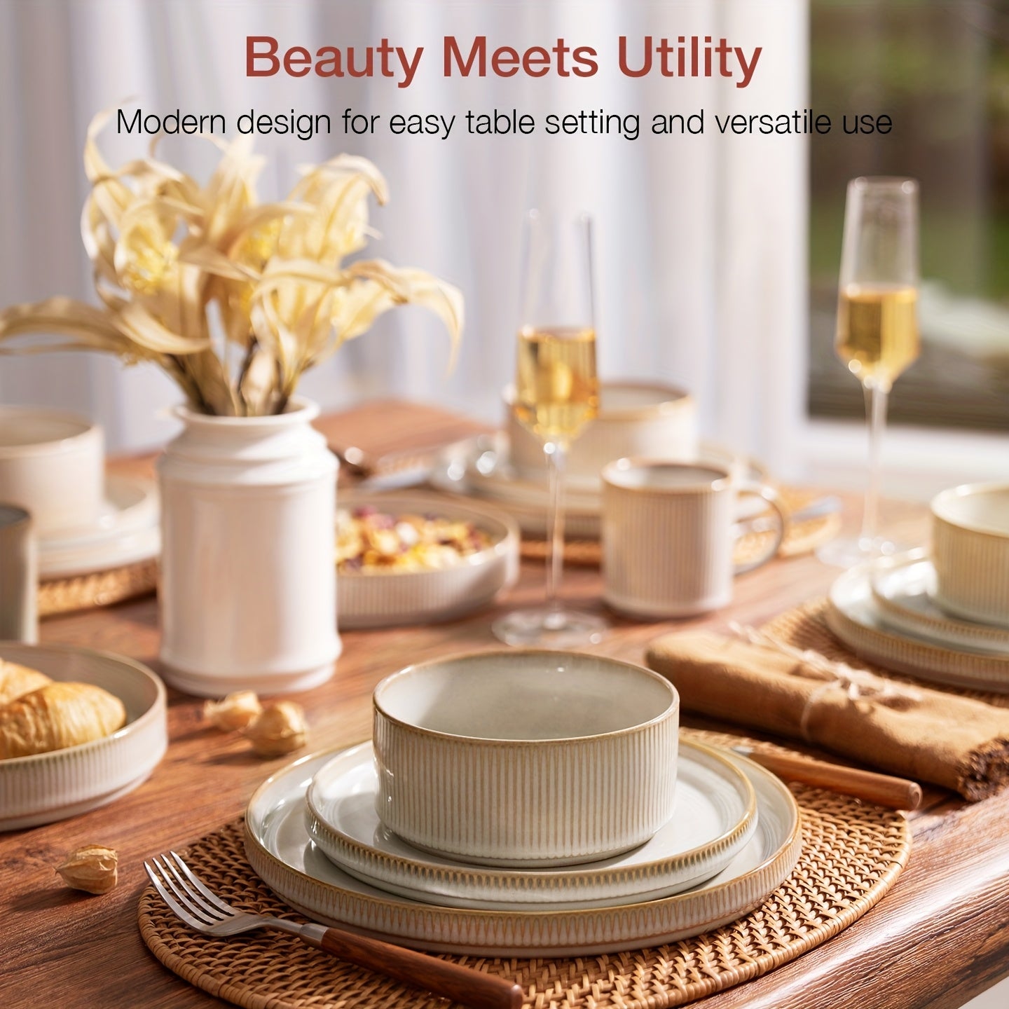 Dinnerware Sets, Plates And Bowls Set for 4, 12pcs Dish Set, Ribbed, Cappuccino White