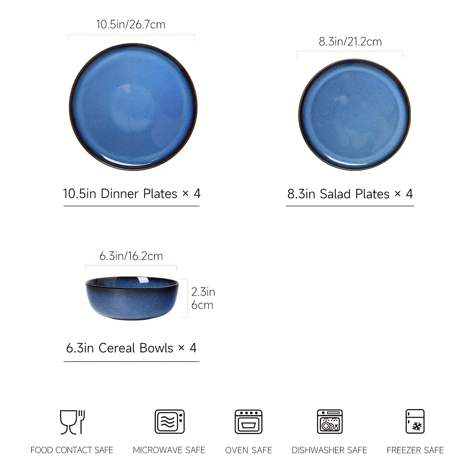 ALOFMO 12pcs Elegant Navy Blue & Golden Accent Dinnerware Set - Stoneware Ceramic Plates, Salad Plates & Bowls, Scratch-Resistant & Anti-Slip, Microwave & Dishwasher Safe, Elegant Deep Blue Glaze, Ideal for Everyday & Formal Dining