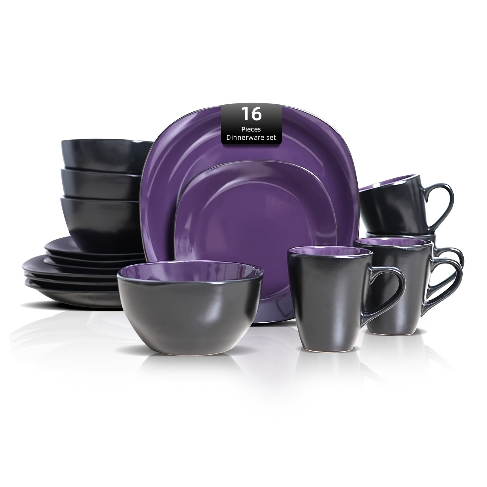 16pcs Square Ceramic Dinnerware Set | 4-Person Dinner Set with Dual-Tone Glaze, Dishwasher & Microwave Safe, Modern Square Plates & Bowls for Everyday Use