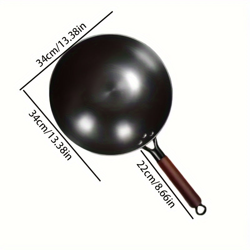 13.39inch Round Bottom Household Non-Coated Pure Iron Earless Wok - Wooden Handle Frying Pan for Stir-Fry, Fried Foods and Cooking - Essential Kitchen Tool