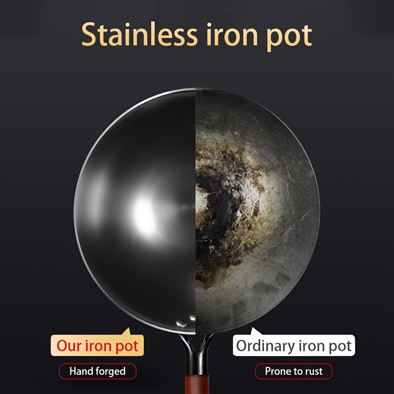 13.39inch Round Bottom Household Non-Coated Pure Iron Earless Wok - Wooden Handle Frying Pan for Stir-Fry, Fried Foods and Cooking - Essential Kitchen Tool