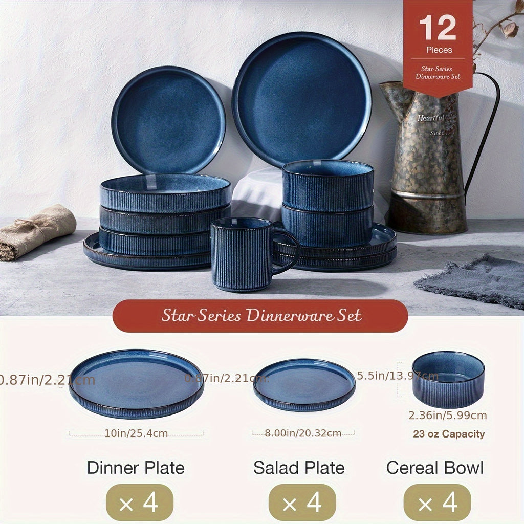 12pcs Stoneware Dinnerware Sets, Round Plates And Bowls Set for 4, Ribbed, Dishwasher And Microwave-safe, Nebulas Blue, Best for Christmas, Perfect for Thanksgiving, Perfect for Easter, Perfect for Halloween, Kitchen Accessories