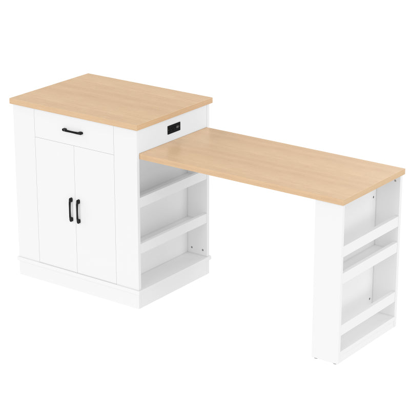 White Modern Extendable Island with Double-Door Cabinet, Open Shelving & Drawers - Multi-Functional Breakfast Bar\u002FDining Table\u002FLounge, Expandable MDF & Particle Board Furniture for small Spaces (Assembly Required) 80.7\