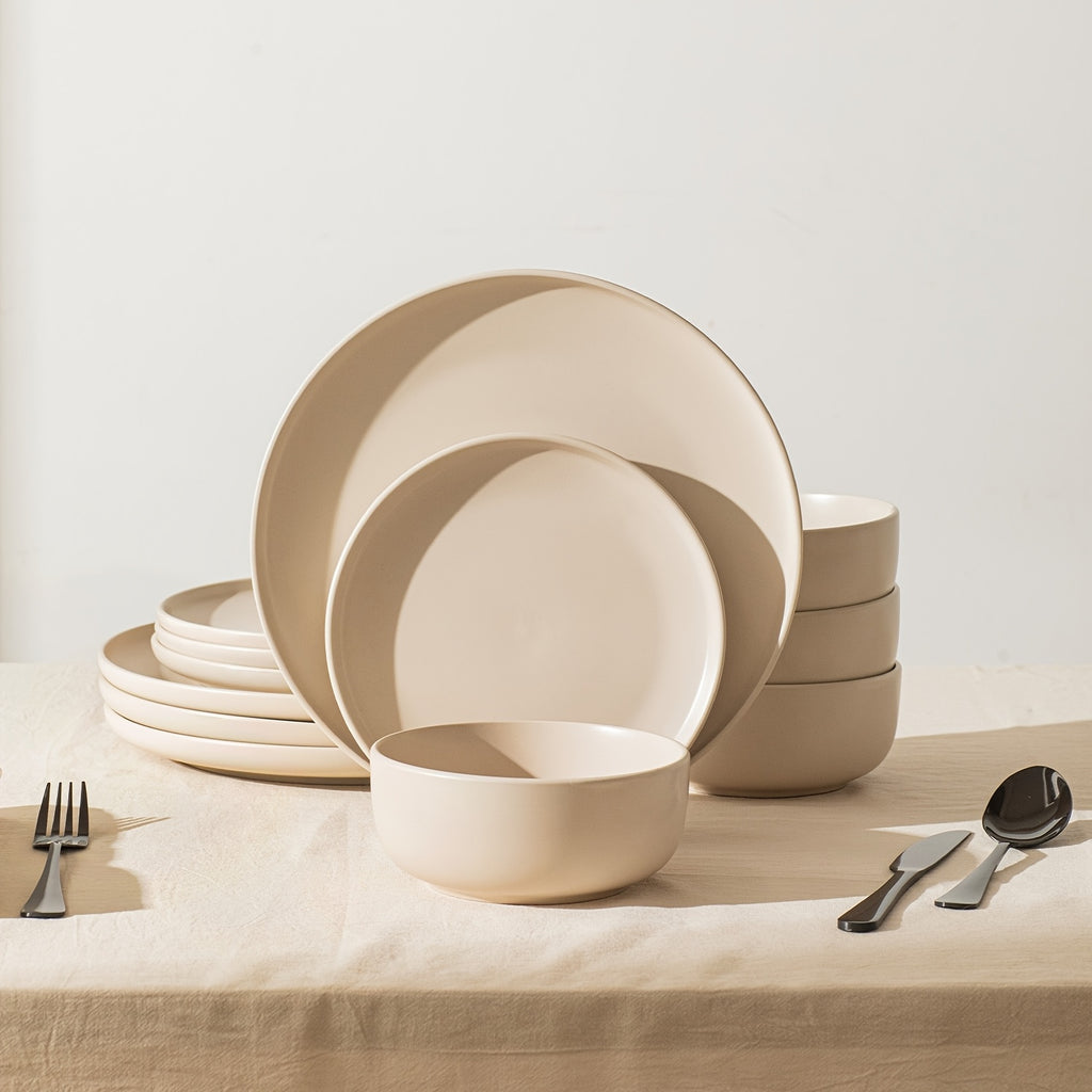 12pcs Matte Cream White Stoneware Reactive Glaze | Scratch Resistant Ceramic Plates and Bowls, Stylish Straight Shape Dinnerware Set for 4, KINGSTONE