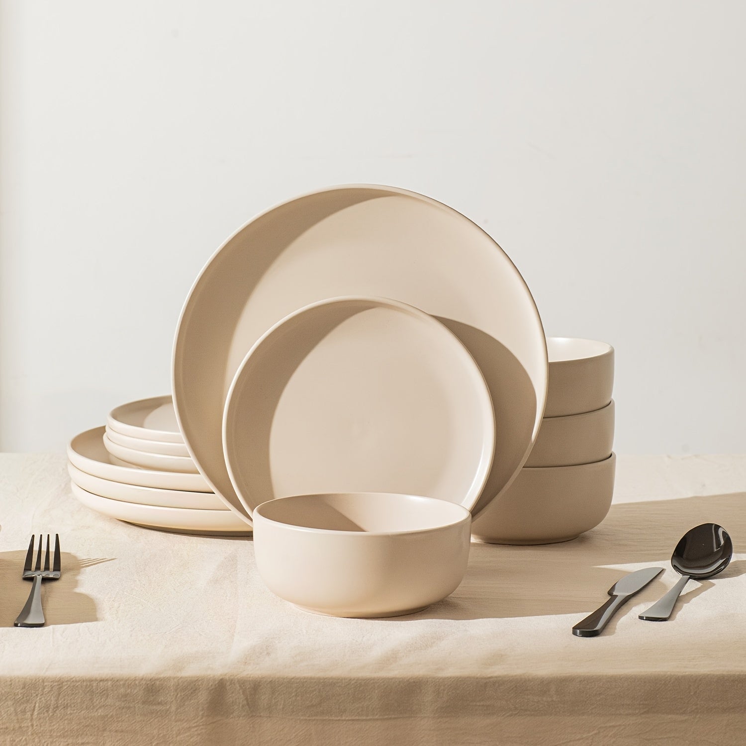 12pcs Matte Cream White Stoneware Reactive Glaze | Scratch Resistant Ceramic Plates and Bowls, Stylish Straight Shape Dinnerware Set for 4, KINGSTONE