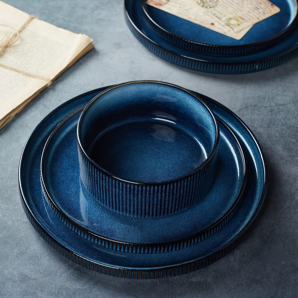 12pcs Stoneware Dinnerware Sets, Round Plates And Bowls Set for 4, Ribbed, Dishwasher And Microwave-safe, Nebulas Blue, Best for Christmas, Perfect for Thanksgiving, Perfect for Easter, Perfect for Halloween, Kitchen Accessories