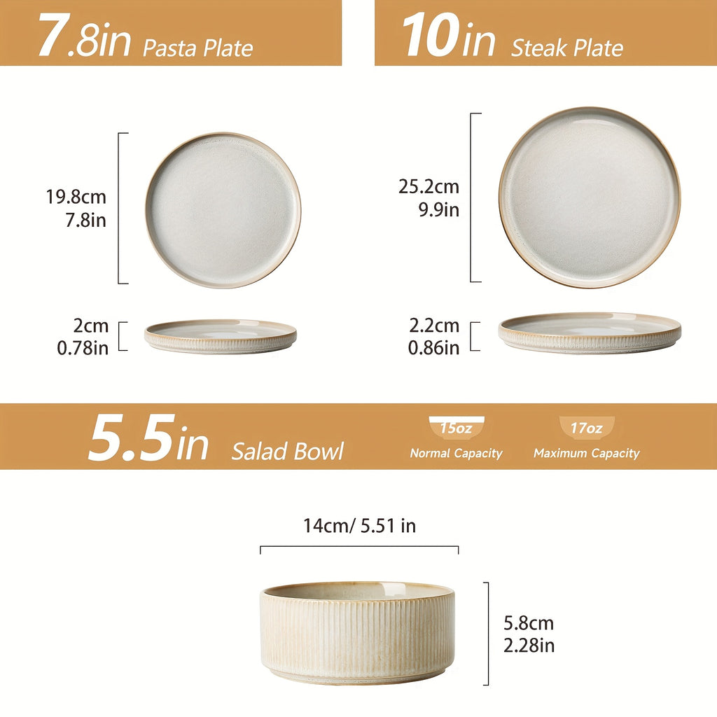 12pcs Striped Cream Beige Ceramic Dinnerware Set, Plate Spaghetti Bowl Soup Bowl Reaction Glaze Dinnerware Set, Modern High-end Ceramic Stoneware, Dishwasher And Microwave Can Be Used, Suitable for Gifts, Parties, Weddings, Family Dinners