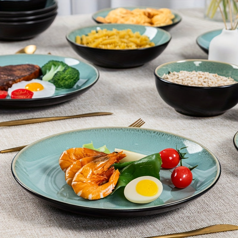 16pcs Handcrafted Kiln-transformed Green Ceramic Tableware Set, 4-person Ceramic Tableware Set - Including Dinner Plates, Salad Plates, And Cereal Bowls - Suitable For Microwave And Dishwasher, Scratch-resistant, Tableware Set, Perfect For Christm